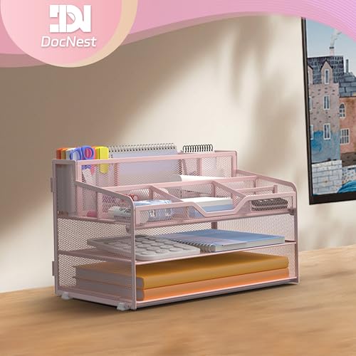 Docnest 3 Tier Mesh Desk Organizer for Paper Office Supplies – Multi-Functional Letter Tray with 5 Adjustable Compartments, 3 Pen Holders, Desktop Storage for Files, Mail, Stationery – Pink - color: Pink, size: 12.7" x 9.1" x 8.6"