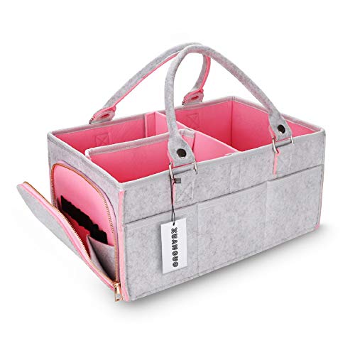 Baby Diaper Caddy Organizer for Girl Boy Large Nursery Storage Bin Basket Portable Holder Tote Bag for Changing Table and Car Baby Shower Gifts Newborn Essentials Baby Registry Must Haves Items - color: pink