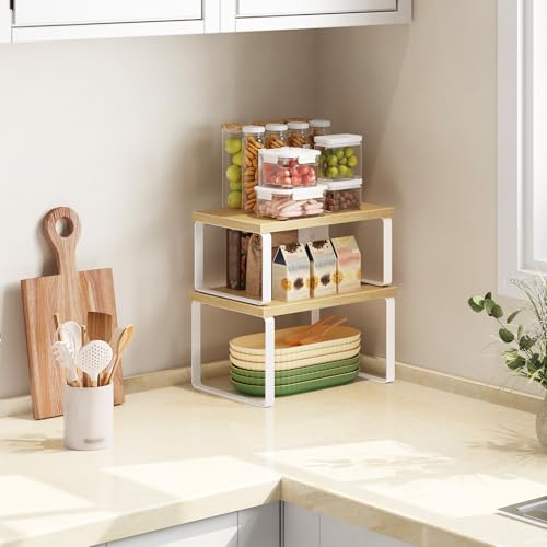 HOOBRO Cabinet Organizer Shelf, Set of 2, Kitchen Countertop Organizer, Kitchen Countertop Shelf, Spice Rack for Counter, Stackable, Expandable for Cabinet, Kitchen, Natural and White WN33TL01 - color: Natural+White