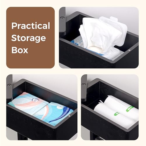 Wealone 4-in-1 Black Toilet Paper Holder Stand with Storage Shelf Box, 360° Rotating Bamboo Free Standing Toilet Tissue Roll, Toilet Wipes Dispenser Organizer, Temporary Desktop for Bathroom (Patent) - color: Black