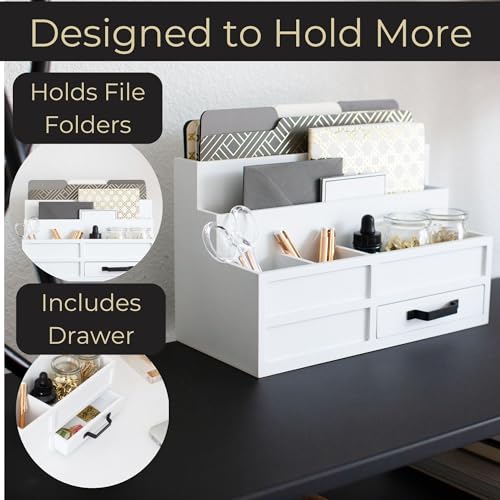 BLU MONACO | White Desktop Organizer with Drawer Storage | Tabletop Organizer with Drawers for Paper Bills Mail | Wooden Mail Organizer for Countertop Workspace | with Drawer, Bill - color: White