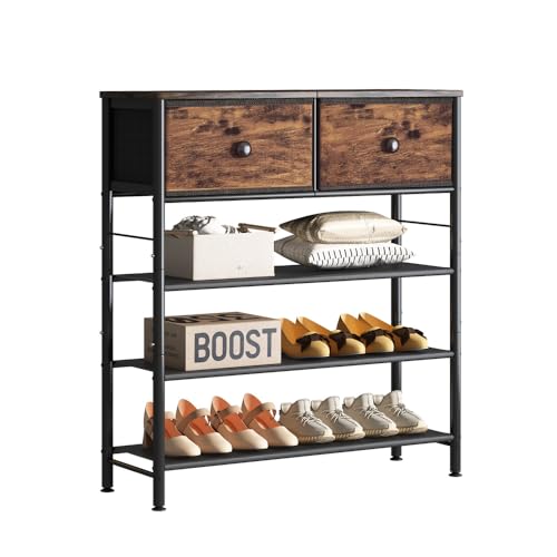 INGIORDAR Shoe Rack Organizer 5 Tier Metal Organizer Shelf with Industrial MDF Board and Layer Fabric for Entryway Closet Bedroom Living Room Garage (Black+Rustic Brown, 4 Tier with 2 Drawers) - color: Black+rustic Brown, size: 4 Tier with 2 Drawers