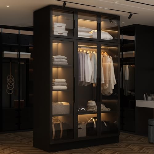 Hitow Glass Display Cabinet with LED Lights, Modern Curio Cabinet with Glass Doors, Tall Glass Display Case with Hanging Rod & 5 Tiers Shelf, Large Black Storage Organizer for Collectibles, 47.2" W - color: 3 Door - Black