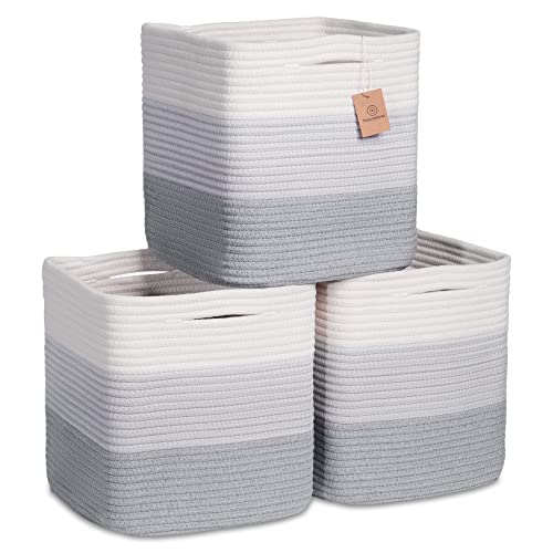 NaturalCozy Storage Cubes 11 Inch Cotton Rope Woven Baskets for Organizing, 3-Pack | Cube Storage Bin | Square Storage Baskets for Shelves Organizer, Classroom, Kids Toy Bins, Closet, Baby Nursery - color: 3-Tone Gray