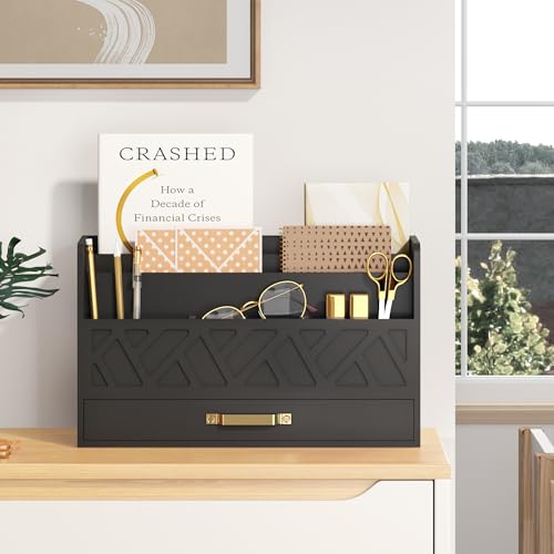 WISUCART Bamboo Mail Organizer Countertop Wood Desk Organizer Drawer Tabletop Storage Box Letter Sorter Makeup Organizer for School Home Office Supplies Black - color: Black
