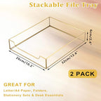 BTSKY 2 Pack Golden Glass Desk Tray, Multi-Purpose Organizer for A4 Paper, Documents, Desk Supplies, Makeup, Clear File Tray with Metal Frame, Stackable Decorative Storage for Home Office Vanity