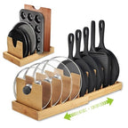 Pots and Pans Organizer for under Cabinet - Expandable Bamboo Pot Lid Organizer, Bakeware and Cutting Board Organizers, Drawer Pot Lid Holder Rack for Kitchen Organizers and Storage