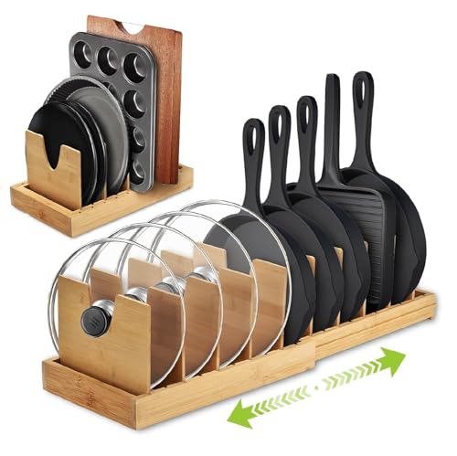 Pots and Pans Organizer for under Cabinet - Expandable Bamboo Pot Lid Organizer, Bakeware and Cutting Board Organizers, Drawer Pot Lid Holder Rack for Kitchen Organizers and Storage