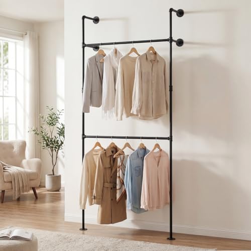 Giantex Industrial Pipe Clothing Rack, 42" Wall Mounted Heavy-Duty Metal Garment Organizer with 2 Hanging Rods, 2-Tier Walk-in Closet System for Wardrobe Closet, Retail Display - size: 42 Inches