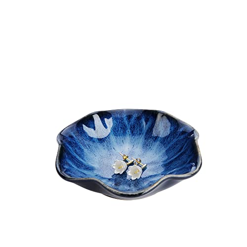 2PCS Lotus Leaf Shape Ring Holder Dish, Small Key Bowl, Ceramic Trinket Tray Jewelry Dish Organizing Necklace Earrings for Mom Friend Sister, All Jewelries Are NOT Included.White+Deep Blue. - color: White+Deep Blue-Lotus