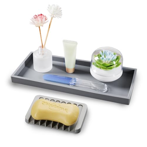 Bloss Silicone Tray Set for Bathroom/Kitchen Counter- 15.7x5.9inch Bathroom Soap Dispenser Tray and Soap Holder, Silicone Vanity Trays Countertop Organizer for Scrubber, Perfume, Jewelry, Candle Tray - color: Gray, size: 15.7" x 5.9" x 0.9"