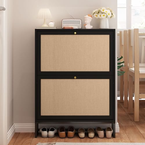 Black Narrow Shoe Cabinet, Hidden Slim Shoe Storage Cabinet for Entryway, 25.6"x34.7" Flip Drawer Shoe Oraganizer Rack with Metal Base (Black, 2-Drawer-No Divider) - color: Linen-black, size: 2-Drawer-No Divider