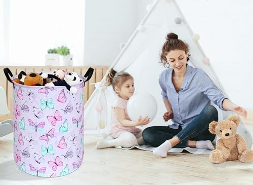 KUNRO Kids Laundry Hamper Clothes Gift Basket Storage Laundry Baskets Organizer Bin with Handles for Nursery Room (Purple Butterfly) - color: Purple-Butterfly