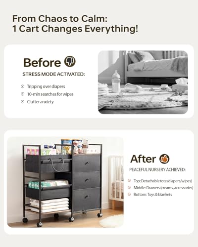 2-in-1 Baby Diaper Caddy Organizer and Storage-3 Tier Rolling Baby Cart with Dividers and Drawers, Baby Essentials for Nursery Storage, Mobile Utility Cart with Wheels Large Capacity Easy To Assemble