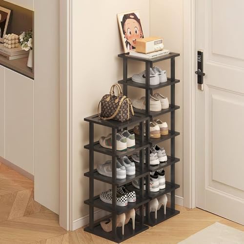 Vertical Shoe Rack - Tall Narrow Shoe Rack Organizer for Small Spaces,12 Tier Bamboo Shoen Shelf for Entryway,Closet,Corner,Doorway,Skinny Shoe Shelf Space Saving Shoe Storage,Free Stackable DIY - color: Black, size: 12-tier