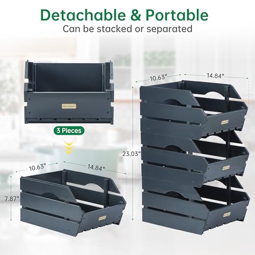 Wood Potato Onion Storage Bins - Wooden Stackable Produce Basket - Fruit Vegetable Storage for Kitchen Pantry Organization, Set 3 Pieces - color: Anthracite Grey