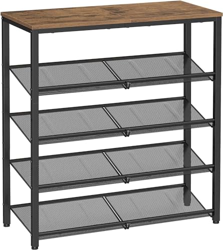 VASAGLE Shoe Rack for Entryway, 5-Tier Shoe Rack Organizer with Storage Shelves and Spacious Top, Freestanding, Adjustable, Industrial, Honey Brown and Ink Black ULBS038K01 - color: Honey Brown + Ink Black, size: 5 Tiers (29.5"W)