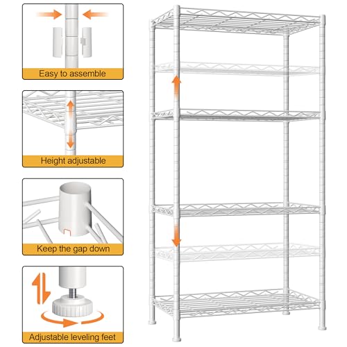 HOMEFORT 4-Shelving Unit, Adjustable Wire Shelving, Metal Wire Shelf Rack Organizer for Kitchen, Pantry, Closet, Bathroom, Laundry, White,21" W x 11" D x 41" H - color: White, size: 21"W x 11"D x 43"H