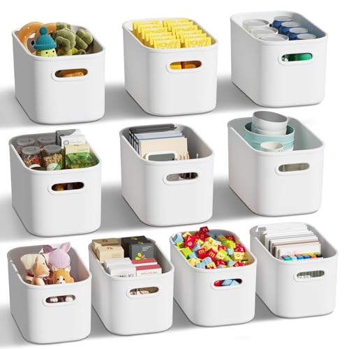 ORGIDOL 10 Pack White Plastic Storage Bins, Storage Container for Organizing, Storage Boxes with Handle for Shelves, Cute Organizer Bins for Craft, Snacks, Pantry, Cabinet, 9.69x6.7x5.7 inch - color: White, size: 10Pack