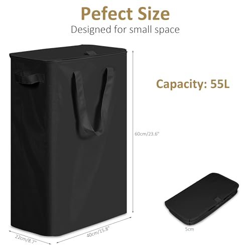 efluky Slim Laundry Basket with Lid, Narrow Laundry Hamper with Handles, Collapsible Dirty Clothes Hamper, Tall Laundry Bin for Laundry Room, Dorm and Bedroom, 55L Black - color: Black, size: 55L with Lid