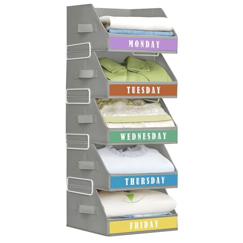 Homsorout Closet Organizers and Storage - 5 Tier Shelf Organizer with Weekly Labels, Stackable Storage Bins with Metal Frame, Foldable Cube Bins, Home Baskets for Kids and Adults, Grey - color: Grey
