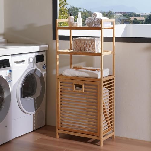 Baveke Bamboo Laundry Hamper with 3 Tier Shelves & Tilt Out Basket, Laundry Baskets Organizer Hampers Bathroom Storage Shelf for Laundry Room, Bathroom, Guest Room（3-Tier, Large） - color: Natural, size: YSJ01-3-50