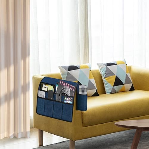 Ntomtuex Sofa Armchair Caddy Remote Control Holder with Water Bottle for Couch Recliner, Armrest Organizer with 7-Pocket Design for Magazines, Eyeglasses, iPad, Phone, Dark Blue - color: Dark Blue