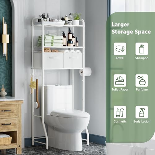 Simple Trending Over The Toilet Storage Rack with Drawers, Metal 3 Tier Bathroom Organizer Shelf with Paper Holder and 3 Hooks, White - style: 3 Tier White-Drawers