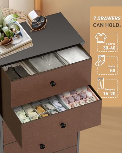 Mifuro Tall Fabric Dresser for Bedroom, Vertical Storage Organizer Tower with 7 Drawers, Chest of Drawers with Bins, Steel Frame, Wood Top for Bedroom, Closet, Entryway Grey - color: Brown, size: 7 Large Drawers