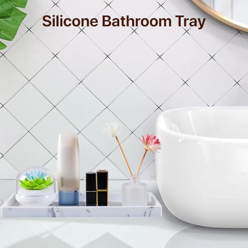 Bathroom Vanity Tray, 11.8 x 5 Inch Silicone Kitchen Sink Tray for Perfume Soap Towel Bathroom Accessory for Soap Dispenser Bathroom Countertop Trays, M, White Marble - color: Marble, size: 11.8" x 5" x 0.7"