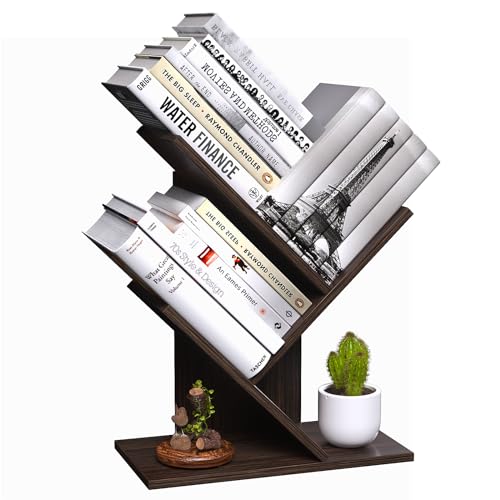 R RUISHENG 3 Tier Small Tree Bookshelf Desk Book Organizer Narrow Bookcases for Books Magazines CDs Free Standing Retro Wooden Storage Shelves for Home Office Bedroom Living Room Dark Walnut - color: Dark Walnut