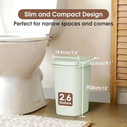 CEROELDA 3 Pack Bathroom Trash Can with Lid, 10L/2.6 Gal Small Garbage Can with Press Top Lid, Slim Plastic Waste Basket for Toilet, Office, Bedroom (Green) - color: 3 Pack-Green