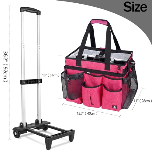 Extra large Rolling Cleaning caddy bag Built-in Hard Support Board,Cleaning Cart with Detachable Trolley, Housekeeping Cleaning caddy with Adjustable Shoulder Strap and Multiple Storage Pockets - color: Rose Red