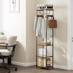Coat Rack With Hanging Rod, Garment Rack With 3 Wooden Shelves and 4 Hooks, Freestanding Hall Tree, Industrial Clothes Rack Stand Organizer, Rustic Brown and Black - color: Rustic Brown and Black, style: with Top Shelf