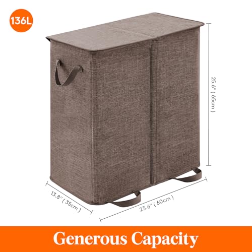 Lifewit Double Laundry Hamper with Lid and Removable Laundry Bags, Large Collapsible 2 Dividers Dirty Clothes Basket with Handles for Bedroom Laundry Room Closet Bathroom College, 136L Brown - color: Brown, size: 136L