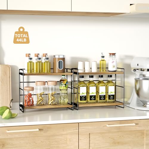 SRIWATANA 2 Pack Bathroom Counter Organizer, 2 Tier Countertop Organizers, Kitchen Counter Shelf Spice Rack Countertop Storage Wood Shelf - Carbonized Black