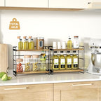 SRIWATANA 2 Pack Bathroom Counter Organizer, 2 Tier Countertop Organizers, Kitchen Counter Shelf Spice Rack Countertop Storage Wood Shelf - Carbonized Black