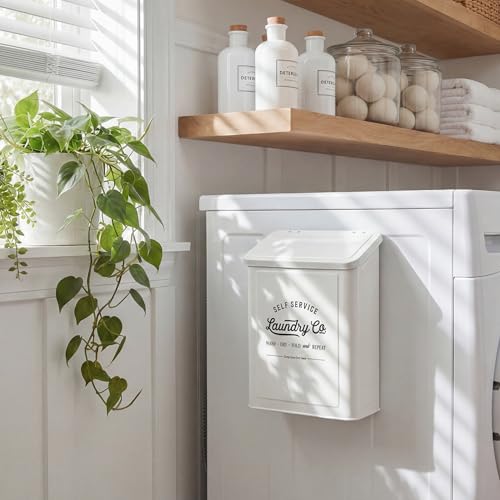 MONJITA Magnetic Lint Bin for Laundry Room, Metal Trash Can with Lid for Dryer, Farmhouse Lint Holder, Laundry Co Sign, Laundry Room Storage Decor with Dryer Lint Brush(White) - color: White
