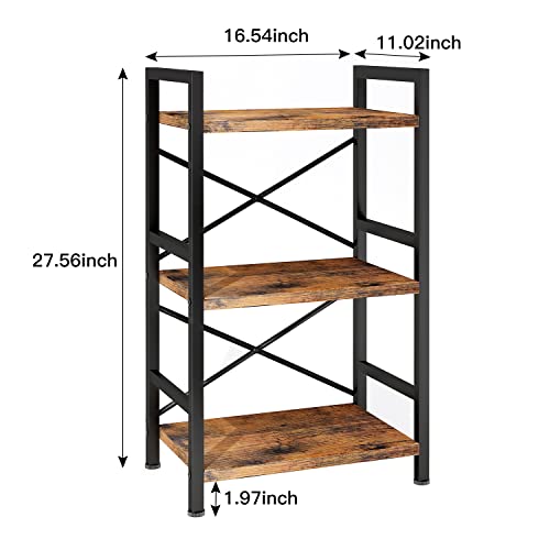 Homeiju Bookshelf, 3 Tier Industrial Bookcase, Metal Small Bookcase, Rustic Etagere Book Shelf Storage Organizer for Living Room, Bedroom, and Home Office(Rustic Brown) Patent Pending D29873033 - color: Rustic, size: 3 Tier
