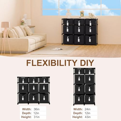 9 Cube Storage Organizer Shelf with Storage Bins and Label, 11 Inch Toy Cube Bins Clothes Closet Organizers Drawers Fabric Dresser for Living Room, Bedroom, Playroom, Dorm(Black) - color: Black