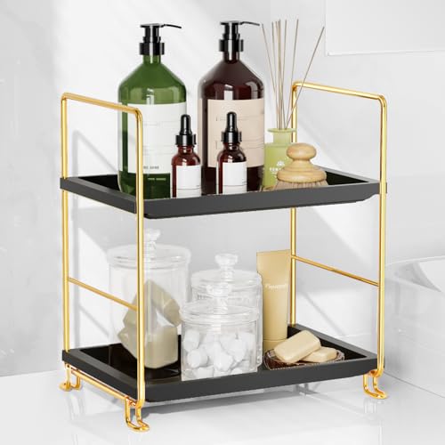 FSyueyun 2-Tier Bathroom Countertop Organizer, Tool-Less Installation Premium Plastics Makeup Shelf Organizer Perfume Skincare for Dresser Vanity Tray Organizers and Storage (Gold & Black) - color: Gold & Black