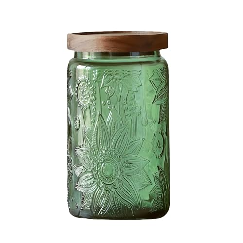 Vintage Glass Storage Jar with Solid Wood Lid - Sunflower Design Kitchen Canister for Coffee, Candy, Laundry Detergent - Cute Food Storage Jar (Green, 34 Ounces) - color: Green, size: 34 Ounces