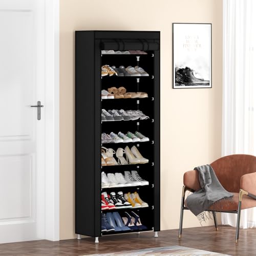 Calmootey 9 Tier Shoe Rack Organizer,Portable Shoe Shelf with Nonwoven Fabric Cover for Closet Hallway,Bedroom,Entryway,Black | Organizer - color: Black, size: 9-tier(23.62"W)