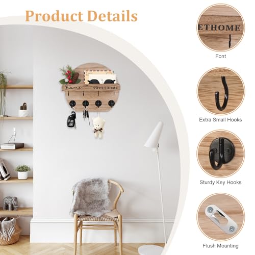 Key Holder for Wall, Key and Mail Holder Organizer - Key Holder Wall Mount with Bouquet Shelf and Key Hooks, Round Wooden Rustic Key Rack for Entryway and Home Decor (Wood) - color: wood