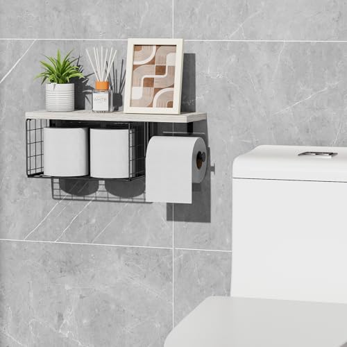 VITVITI Toilet Paper Holder with Shelf, Wall Mounted Toilet Paper Storage Basket, Wood Metal Toilet Roll and Wipes Holder for Bathroom Farmhouse (Vintage White) - color: Vintage White