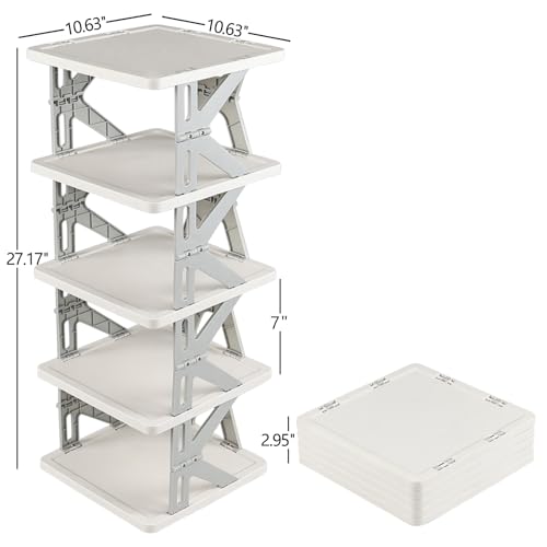5 Tier Vertical Narrow Shoe Storage Organizer for Saving Space, Gray Plastic Small Collapsible Shoe Rack for Entryway, Closet, Bedroom