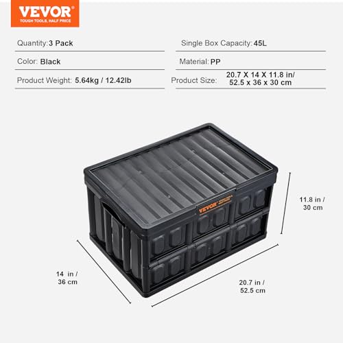 VEVOR 45L Collapsible Storage Bins with Lids 3 Packs, Stackable Utility Crates with Handles, Large Folding Containers for Organizing Tools, Snacks, Books, Food, Drinks, Camping & Transport - size: 45L-Black
