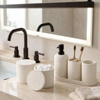 Bathroom Accessories Set, Travertine Stone-Look, 6 PCS Bathroom Accessory Set with Soap Dispenser, Toothbrush Holder, Tumbler, Vanity Tray, Cotton Swab Jars for Countertop (Off White 6 PCS) - color: Off White 6 Pcs