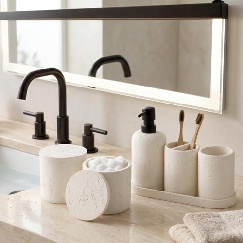 Bathroom Accessories Set, Travertine Stone-Look, 6 PCS Bathroom Accessory Set with Soap Dispenser, Toothbrush Holder, Tumbler, Vanity Tray, Cotton Swab Jars for Countertop (Off White 6 PCS) - color: Off White 6 Pcs