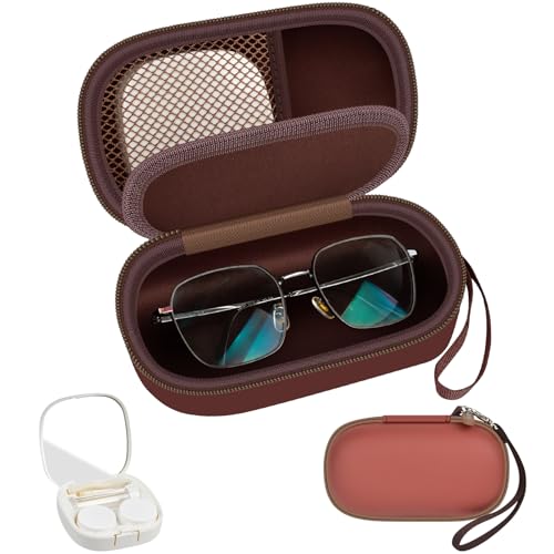 Portable 2 in 1 Contact Lens Case and Glasses Case, Traveling Contact Cases Bag Box Holder with Soak Storage Kit Included Built-in Mirror, Tweezer, Contact Lens Solution Bottle and Hand Strap-Brown - color: Brown